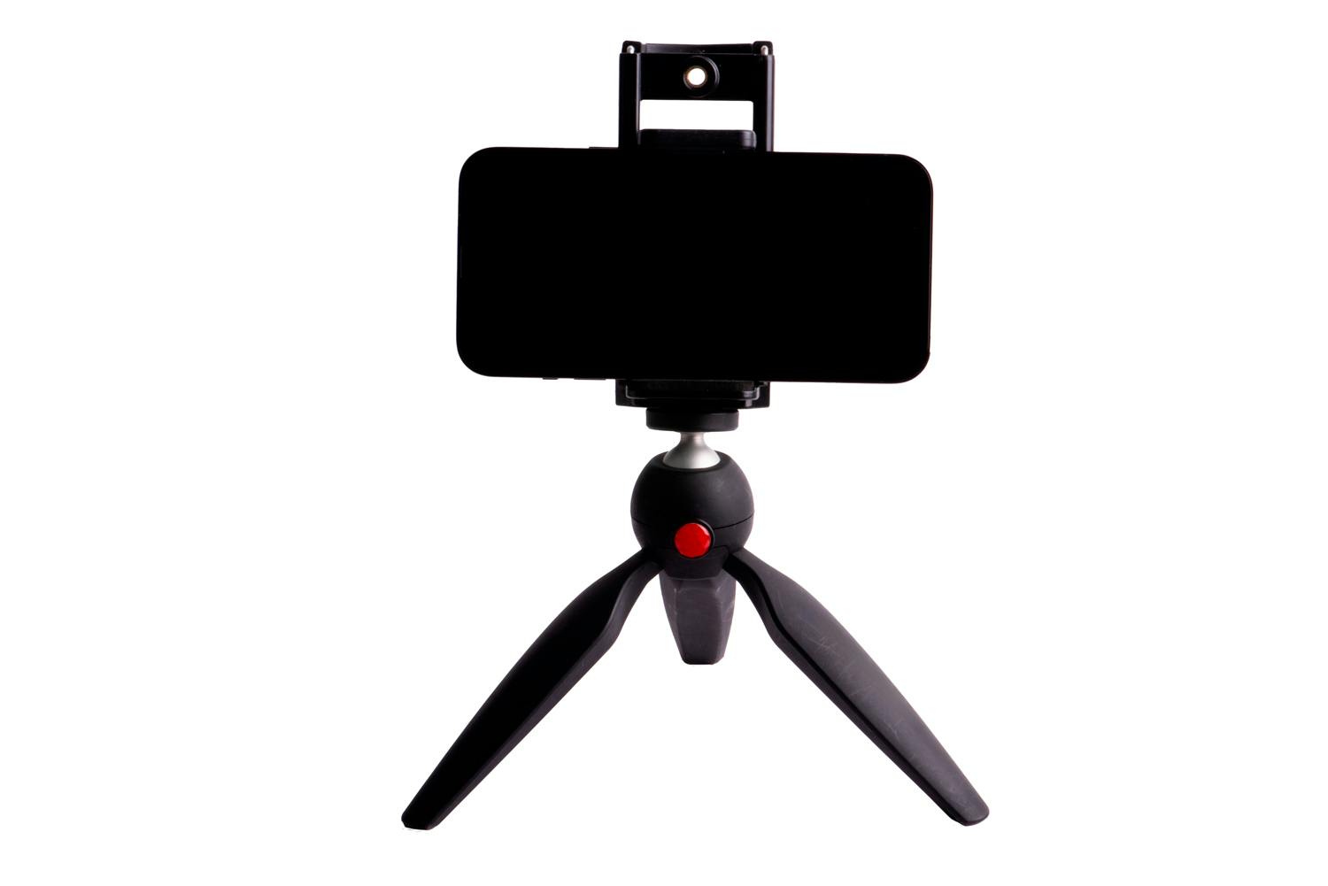 Mobiltelefon på stativ. Ett litet stativ som detta kostar inte mycket.